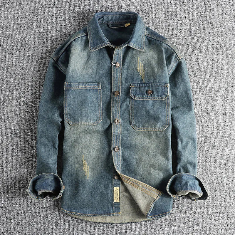 Men's light blue washed vintage denim shirt with loose cardigan style and long sleeves