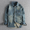 Men's light blue washed vintage denim shirt with loose cardigan style and long sleeves