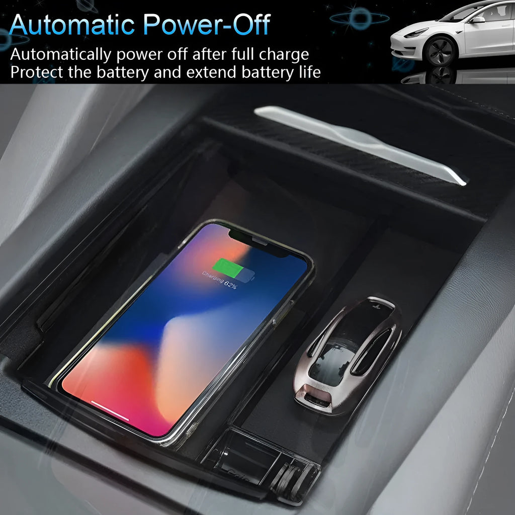 Black wireless charging storage box with Qi compatibility and base support