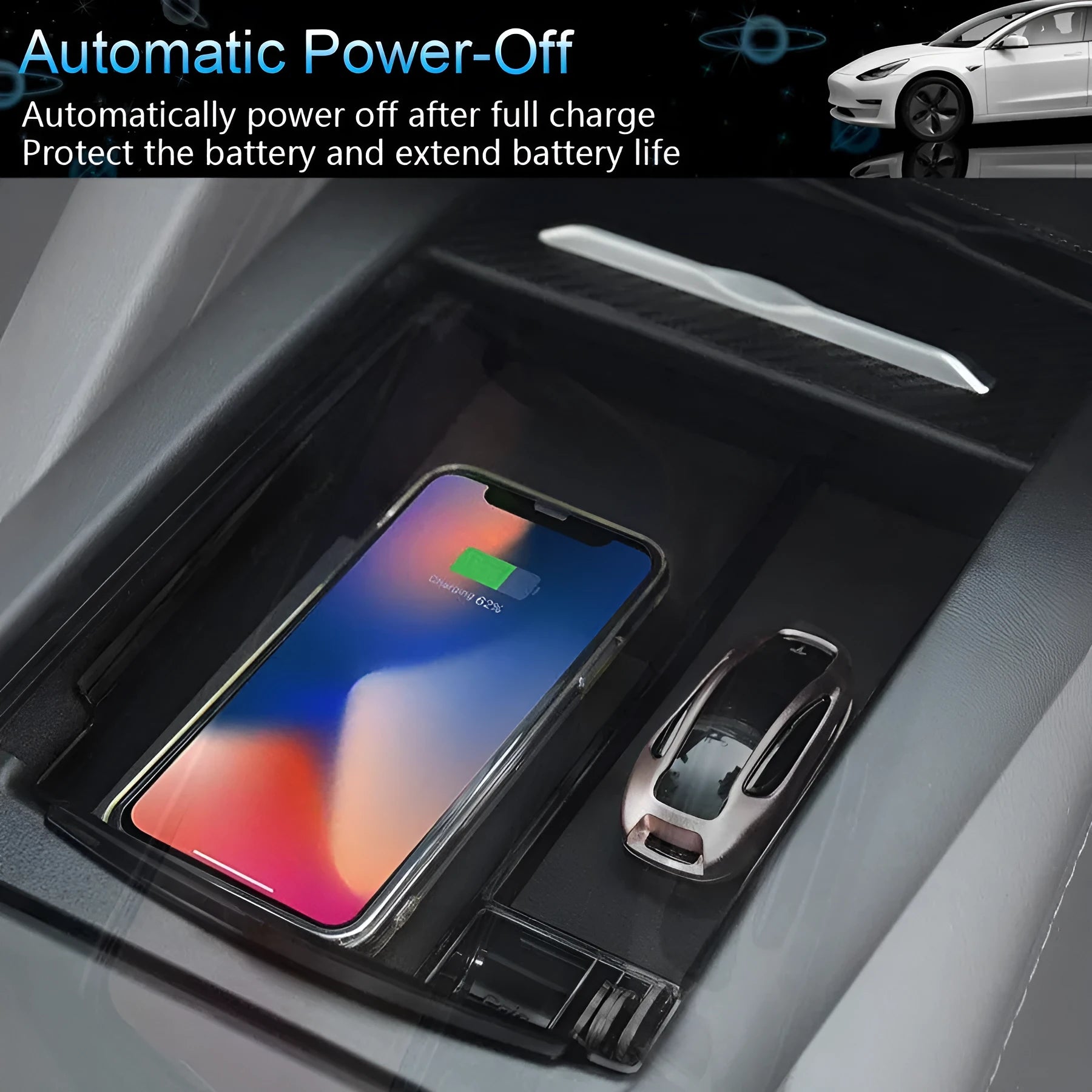 Black wireless charging storage box with Qi compatibility and base support