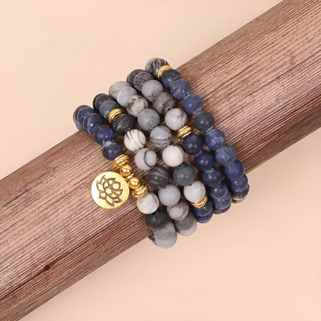 Blue patterned network stone bead multi-layer alloy bracelet for women's jewellery