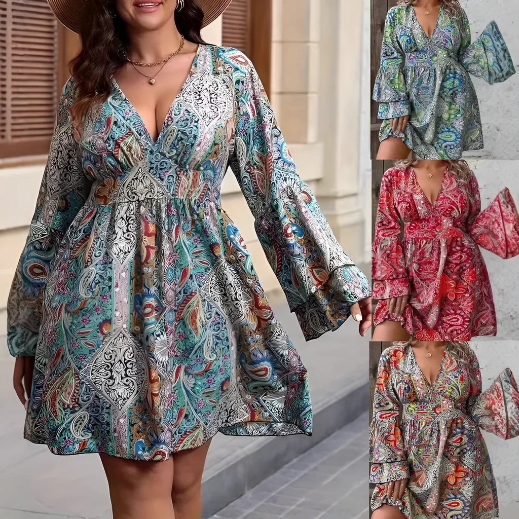 Plus size fashion printed V-neck bell sleeve A-line dress in Bohemian style for women