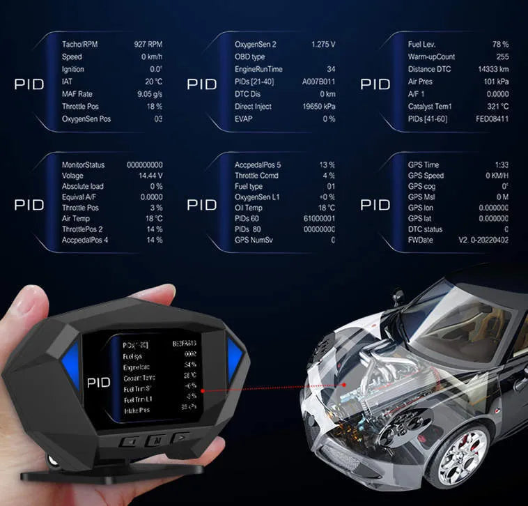 Black car HUD head-up display unit with LCD screen on an anti-slip mat, showing OBD cable.