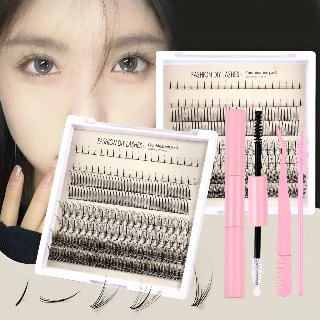 Single-cluster false eyelash glue suit with artificial fibre lashes, tweezers, and brush in black tools option