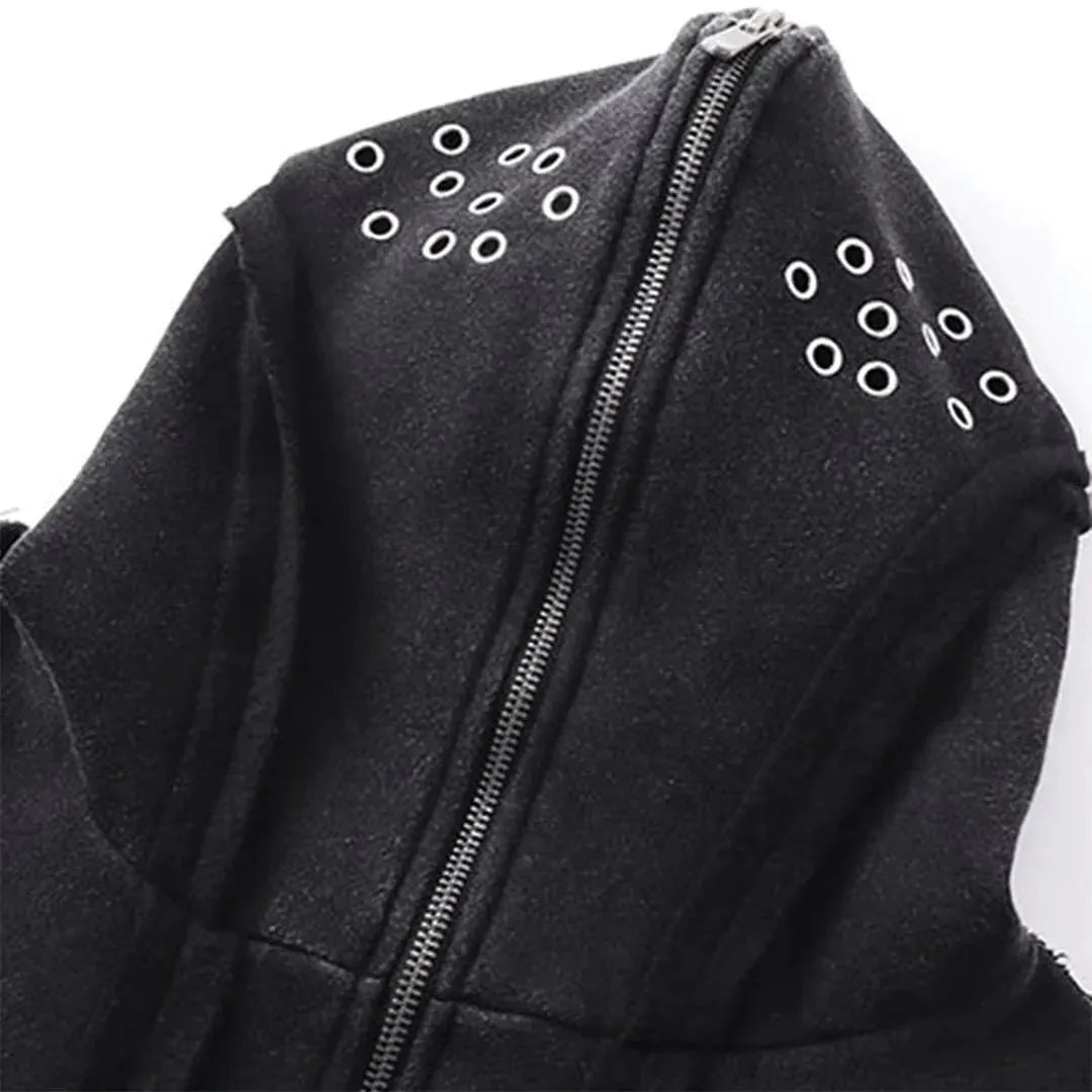 Men's black abstract pattern cotton hooded cardigan coat with zip fastening