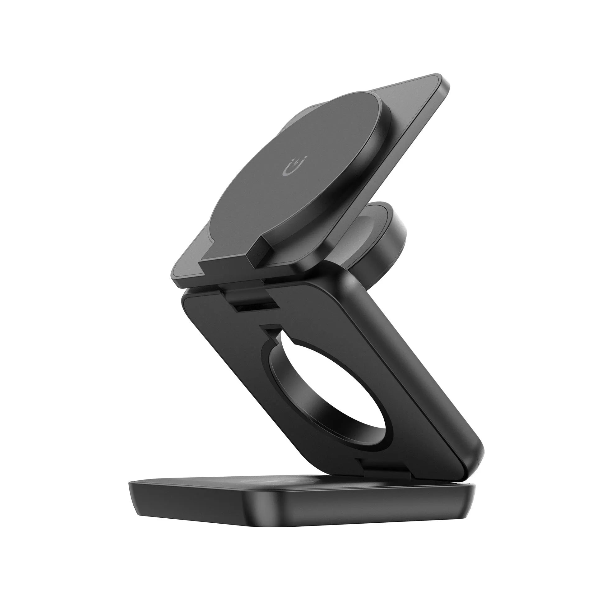 Foldable magnetic wireless charger in black with smartphone placed on charging pad