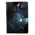 A5 notebook with luminous colourful illustration cover shown in deep blue, gold, light blue, and purple colour options.