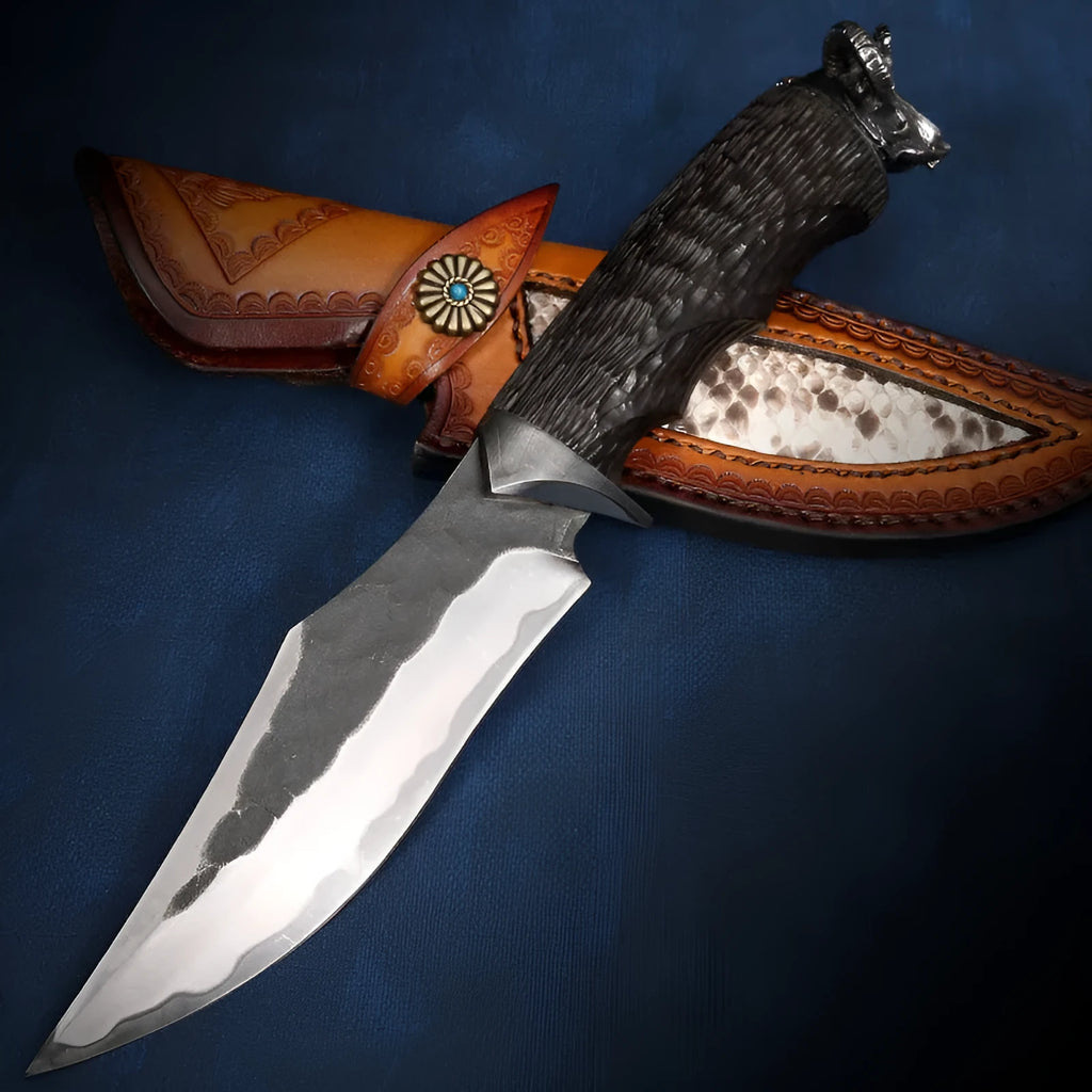Black Goat high hardness three-in-one steel straight knife with 200mm blade, 102mm handle diameter, 380g weight, black finish