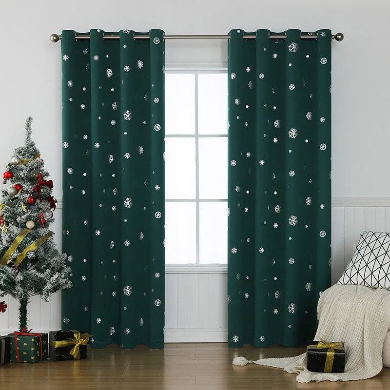 Snowflake pattern polyester shade cloth curtain hanging, showing solid fabric and modern design.
