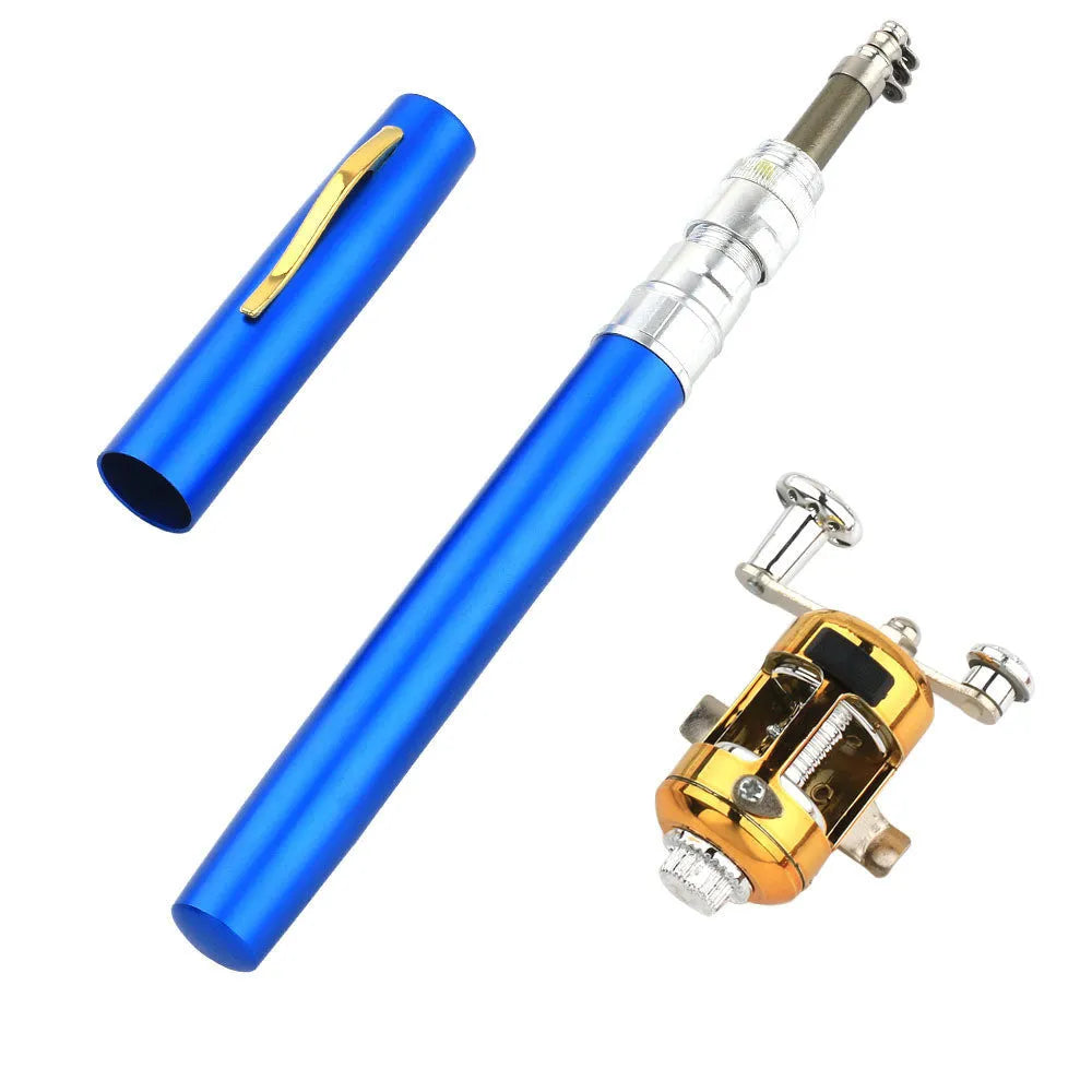 Gold telescopic pocket fishing rod extended next to its ST5RL reel and collapsed in its aluminium pen case.
