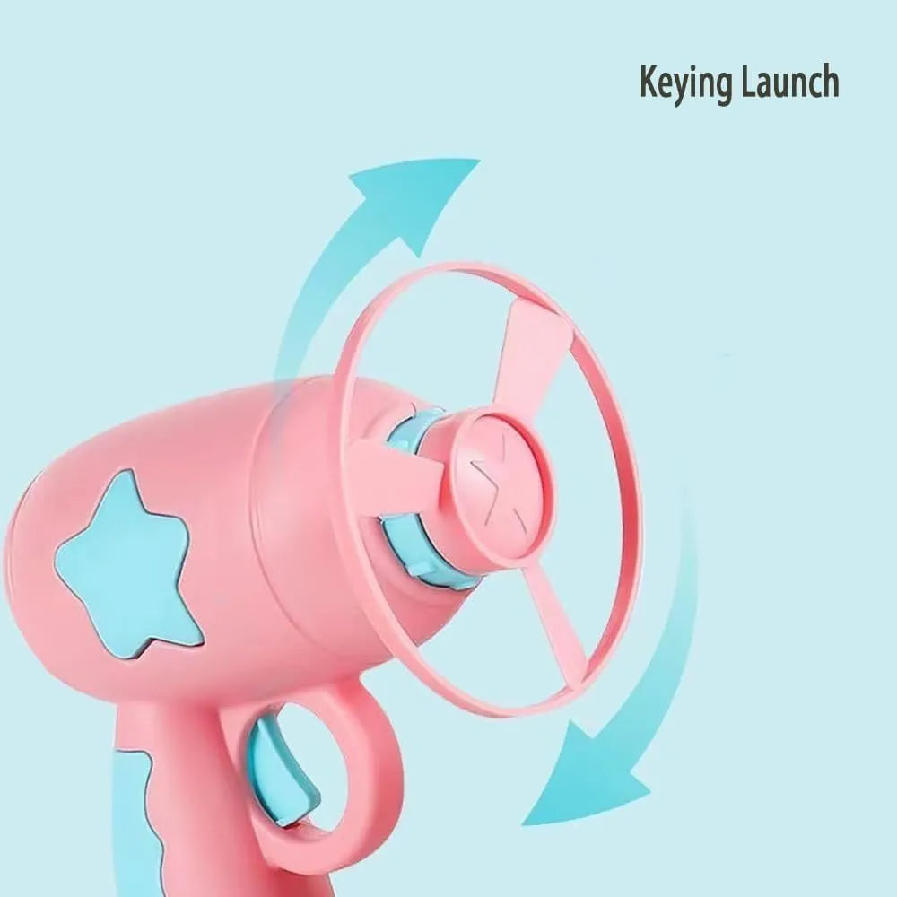Blue interactive cat toy gun with plastic frisbee on launcher head