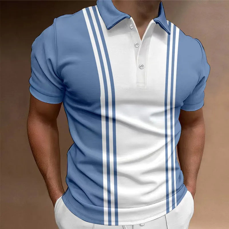 Casual men's T-shirt with three-button lapel in khaki colour, loose fit, short sleeves