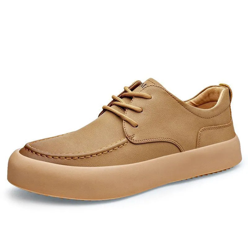 Men's casual lace-up shoes in brown artificial PU leather with flat heel and round toe