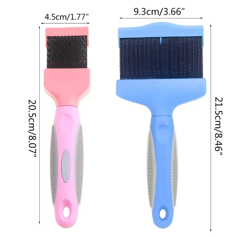 Blue double-sided pet brush with stainless steel pins and soft pins on a non-slip ergonomic handle.
