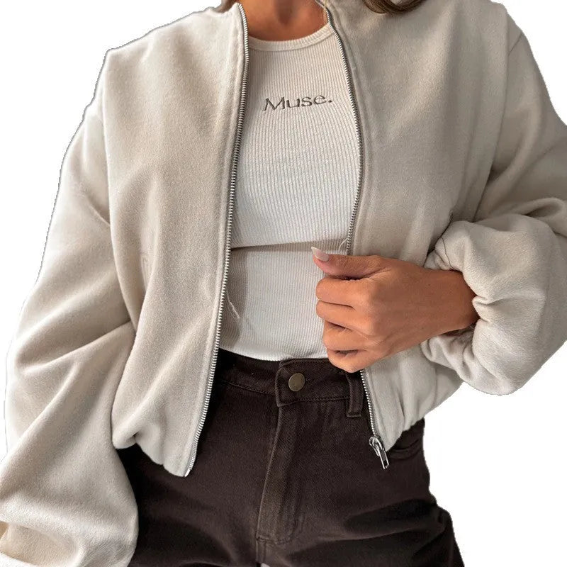 Women's off-shoulder short coat with lantern sleeves in polyester fabric, milky white colour option
