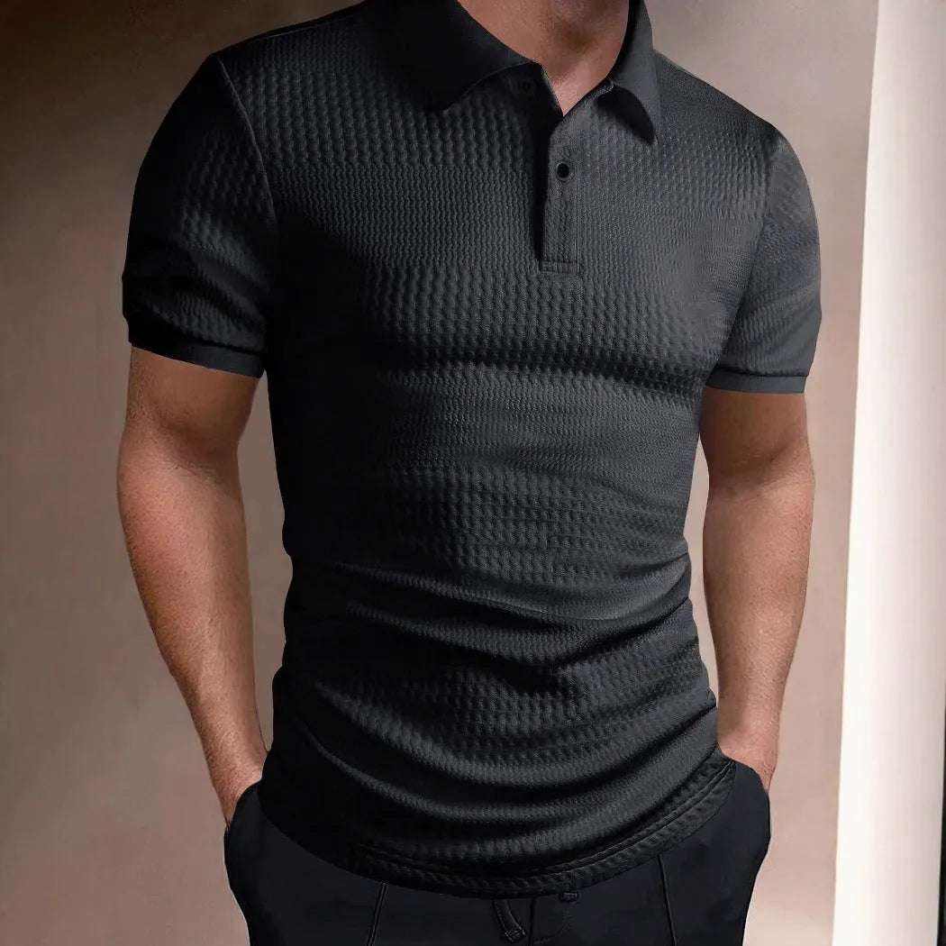 Men's striped polo shirt in khaki, loose fit short sleeve, asymmetric detail, polyester blend