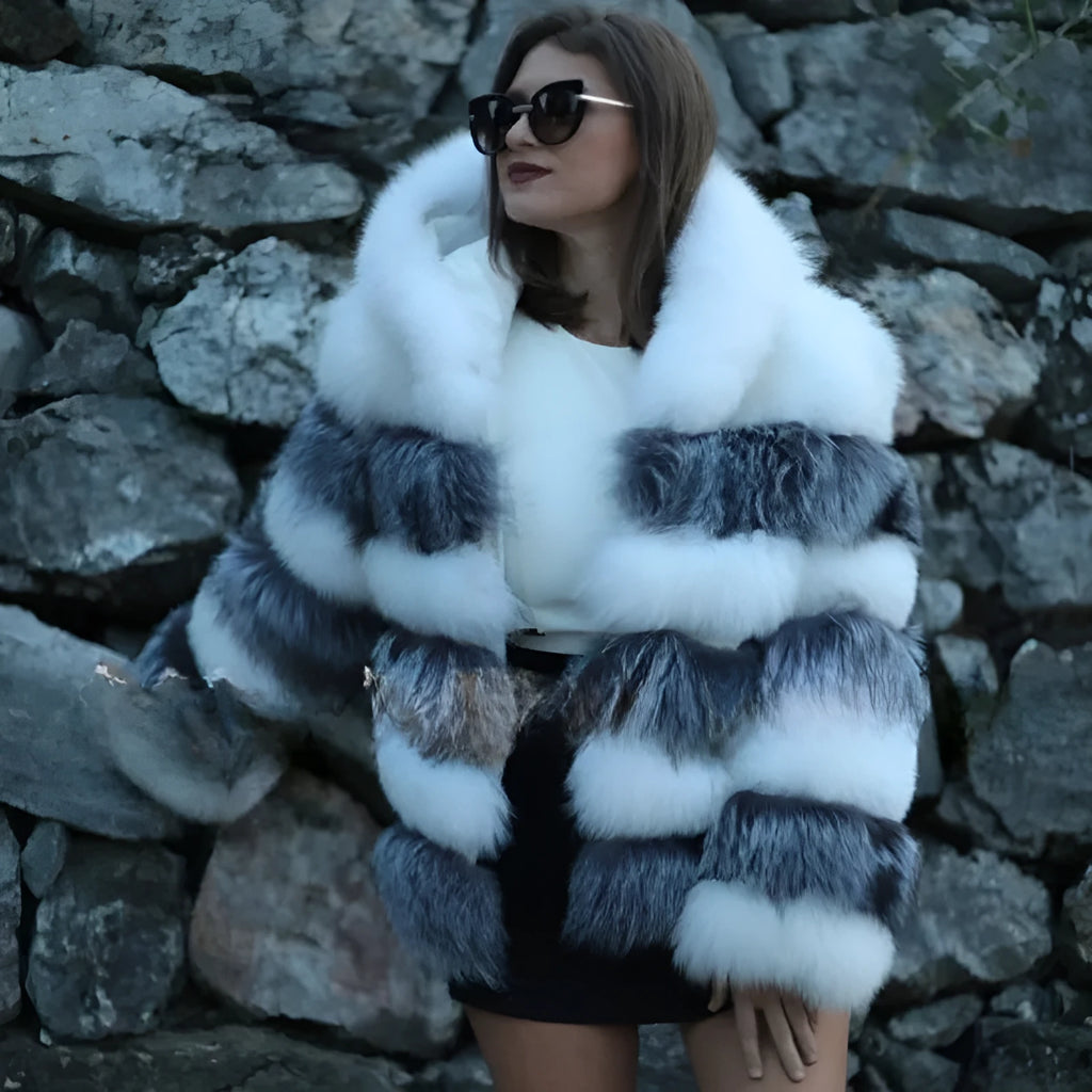 Women's artificial fur hooded coat in street fashion styling, medium length