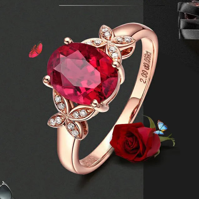 Women's 18k rose golden butterfly ring heart shape copper ring in red and blue colours