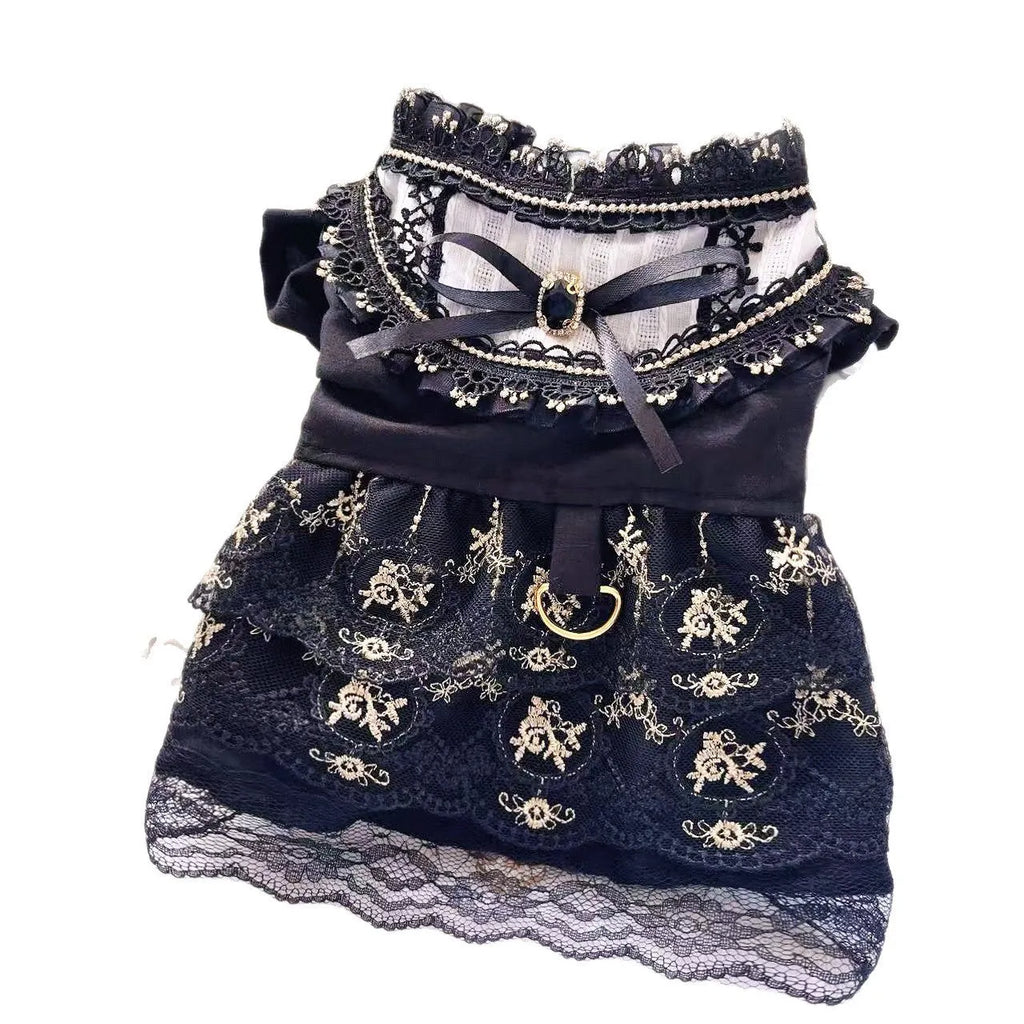 Golden Gothic princess-style skirt dress for a small dog or cat on a mannequin.