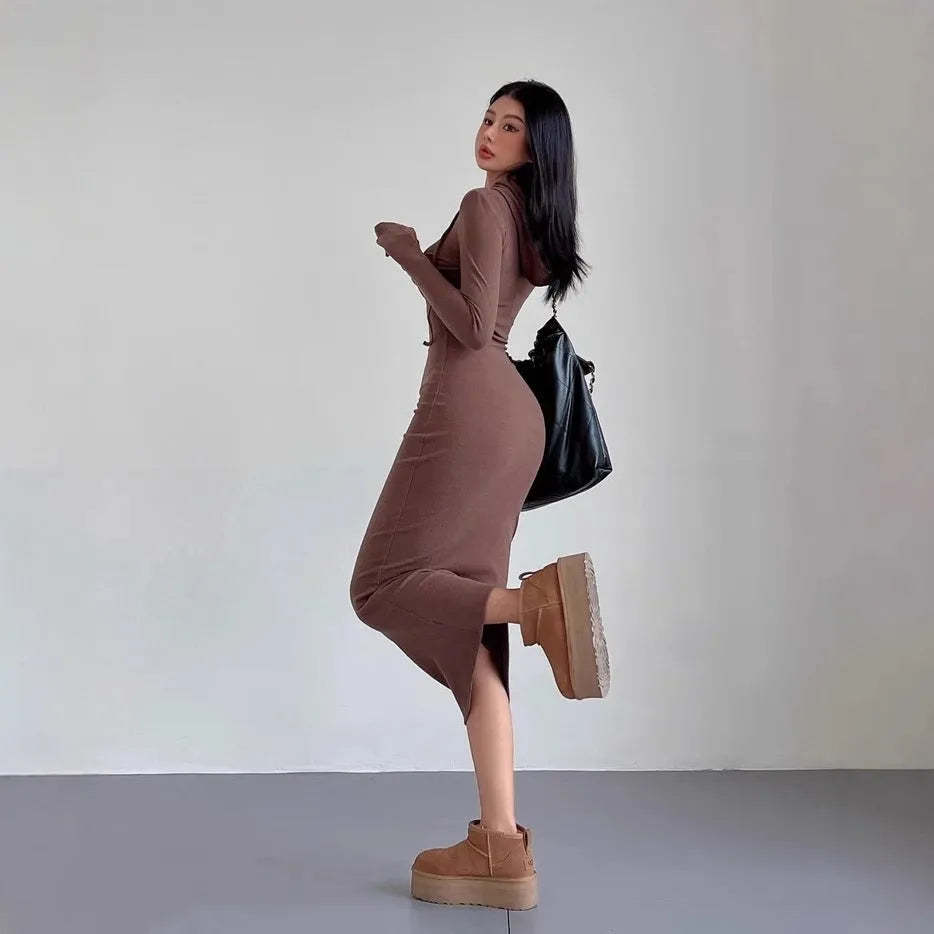 Women's grey hooded pullover dress with long sleeves and a high-waist sheath silhouette.
