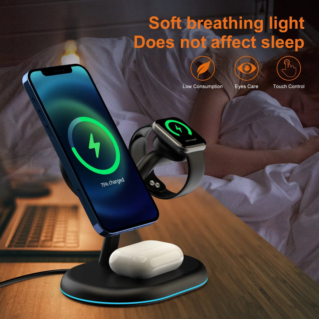 Black three-in-one magnetic wireless charger on a surface.