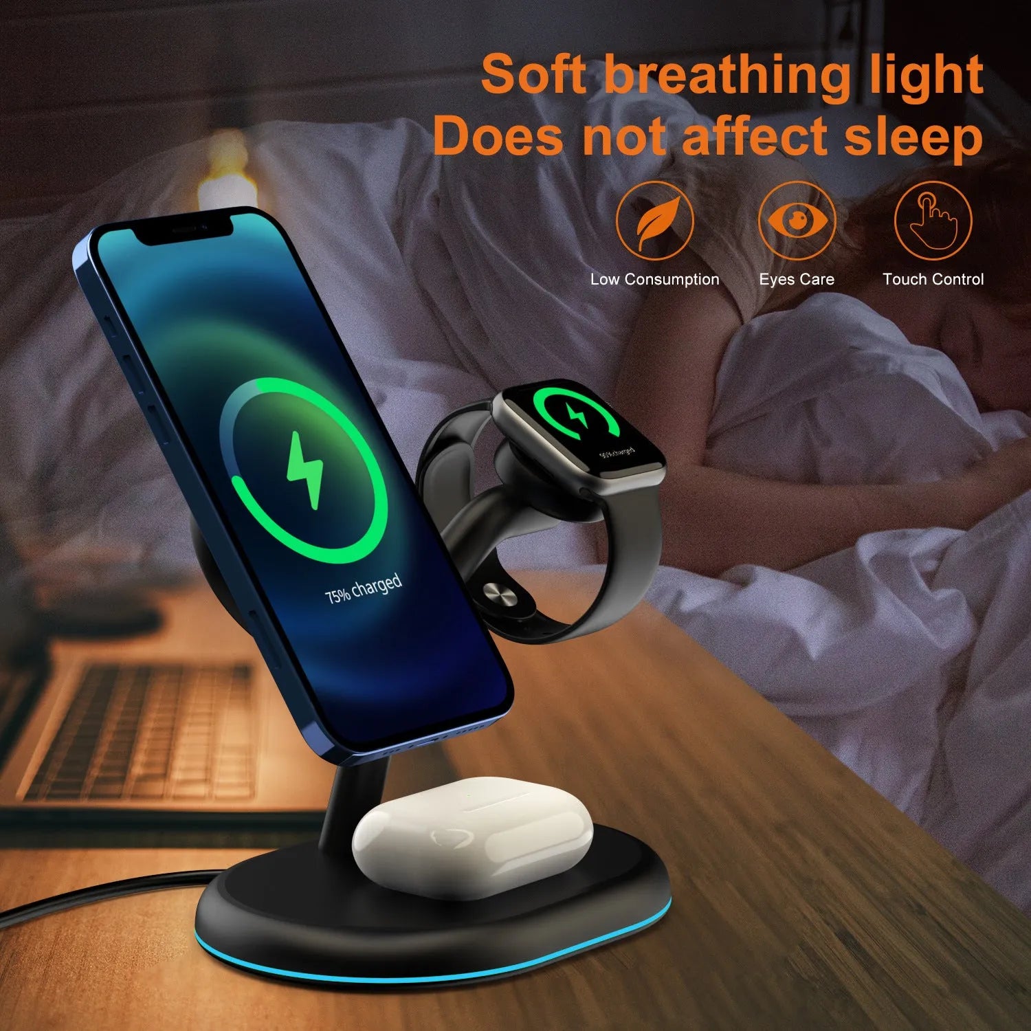 Black three-in-one magnetic wireless charger on a surface.