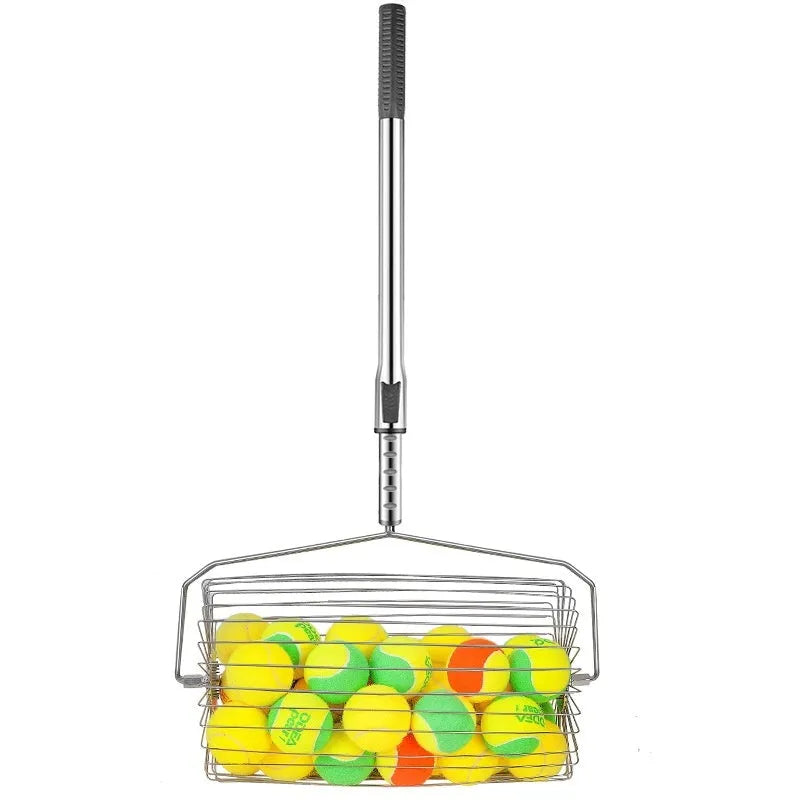 Stainless steel manual roller tennis ball picker on a court surface.