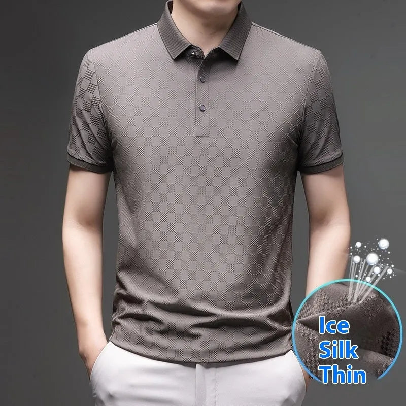 Black rhombus pattern thin ice silk short sleeve T-shirt with a slit design on a hanger.