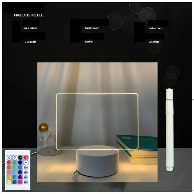 3D acrylic message board with LED lighting and a stylus pen on its illuminated surface