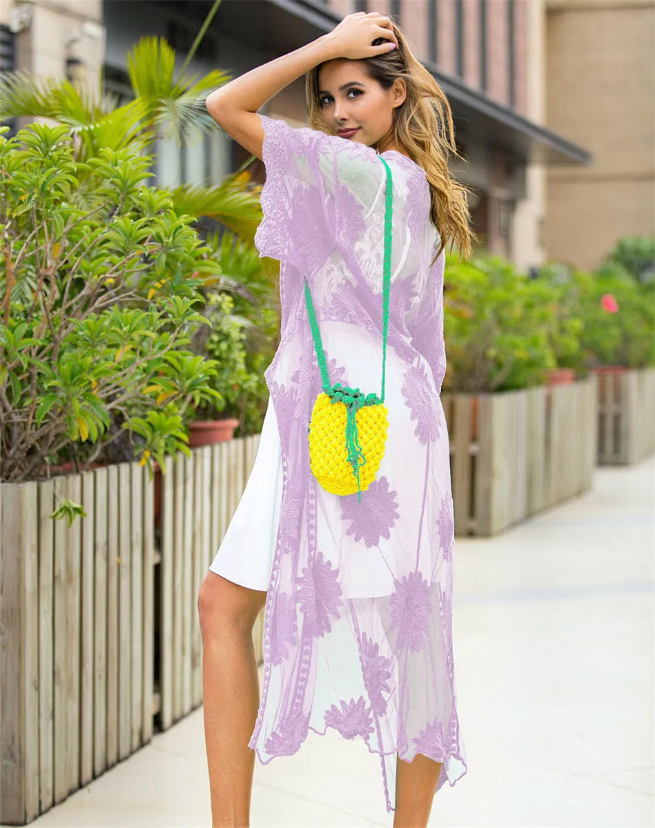 Light purple women's lace embroidery beach cover-up dress for swimming.
