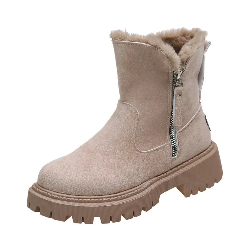 Women's black high-top snow boots with faux suede upper, side zipper, and thick plush lining.