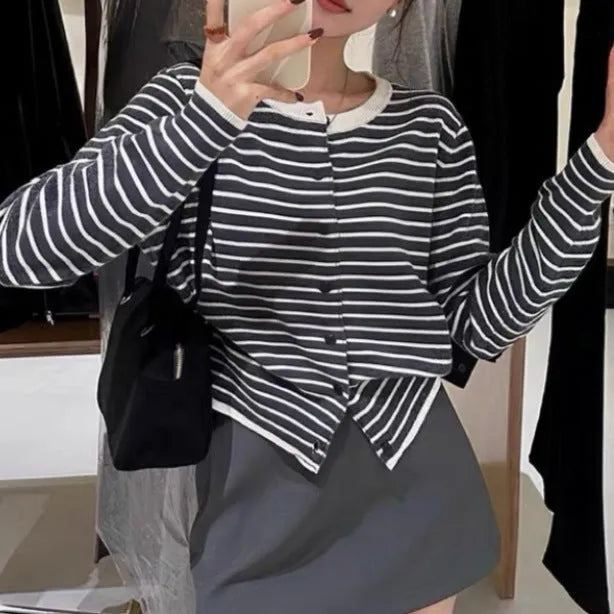 Women's dark grey white striped cardigan with 40cm length and slim fit viscose blend fabric