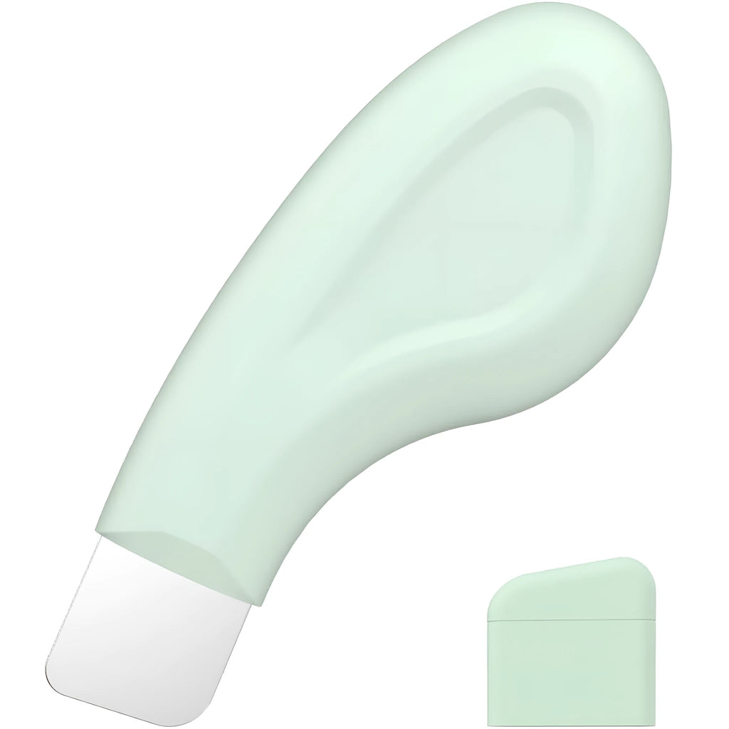 Stainless steel pore scraper face spatula with a non-slip black handle on a white background.