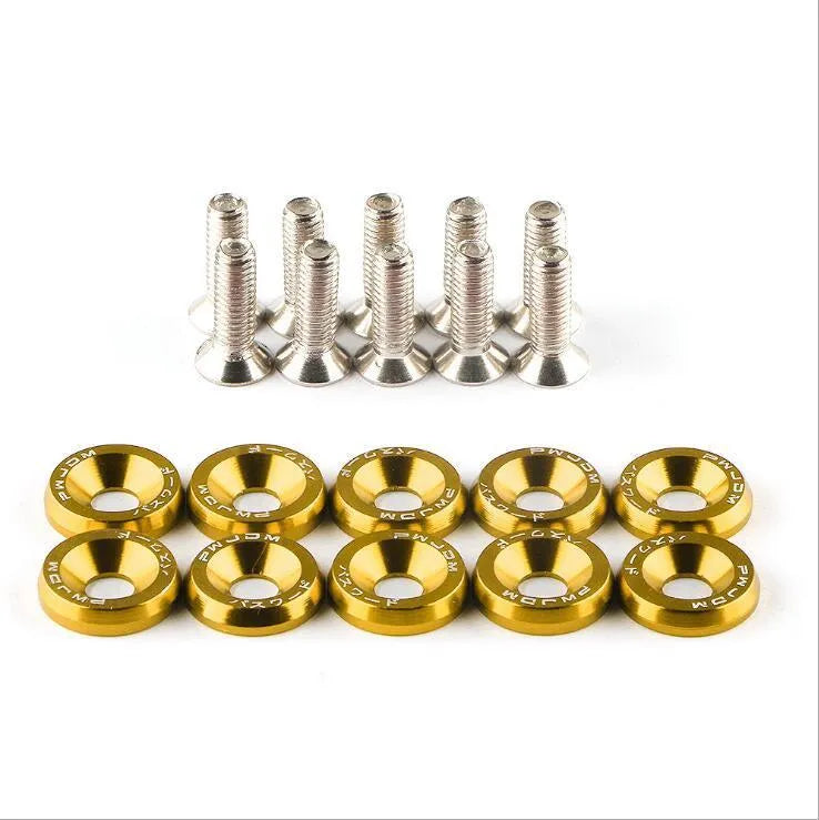 Ten car modification gasket screws in assorted colours on a dark background