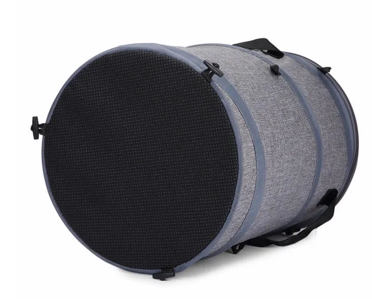 Fodable grey foldable pet carrier bag made of Oxford cloth, with top skylight and side storage pockets, 36x53cm size.