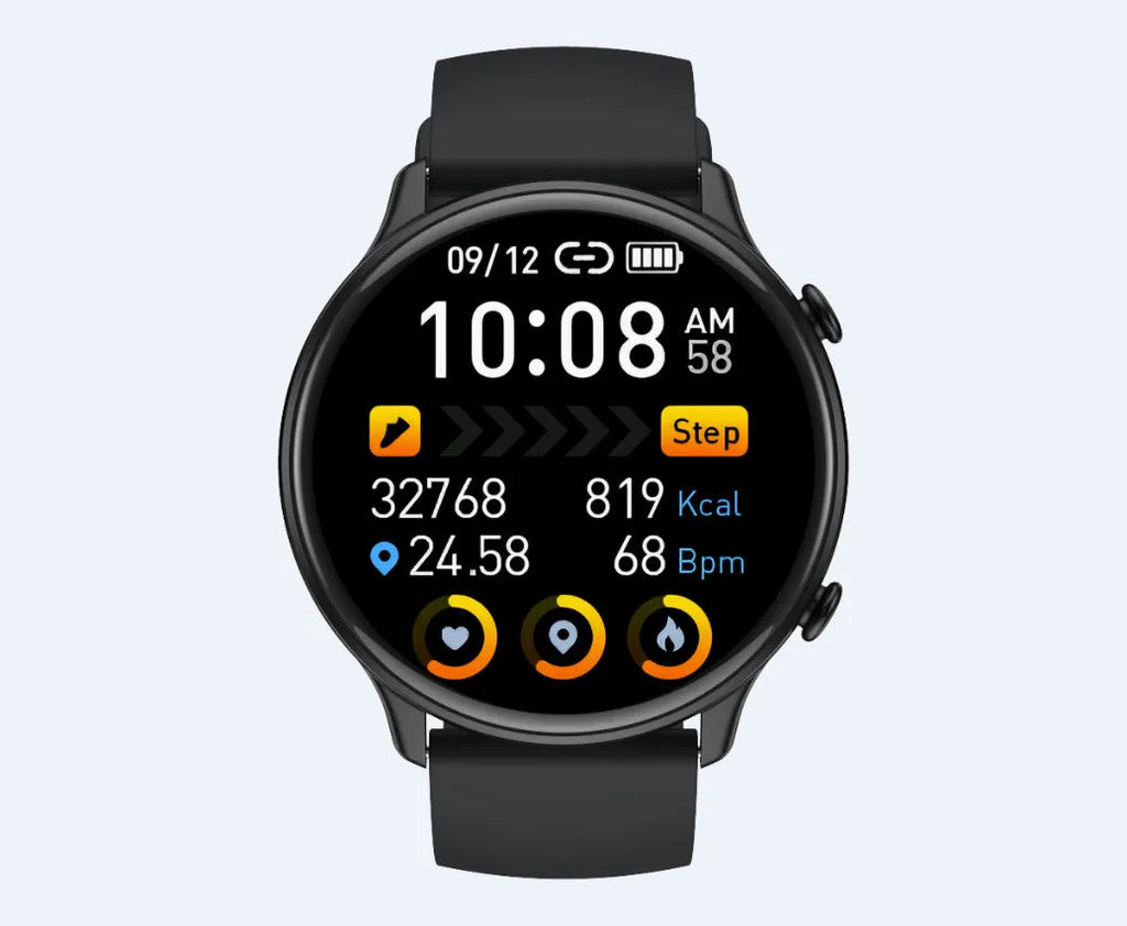 Smart sports watch with round full touch screen, silicone strap, heart rate and sleep monitoring, IP68 waterproof, in Black