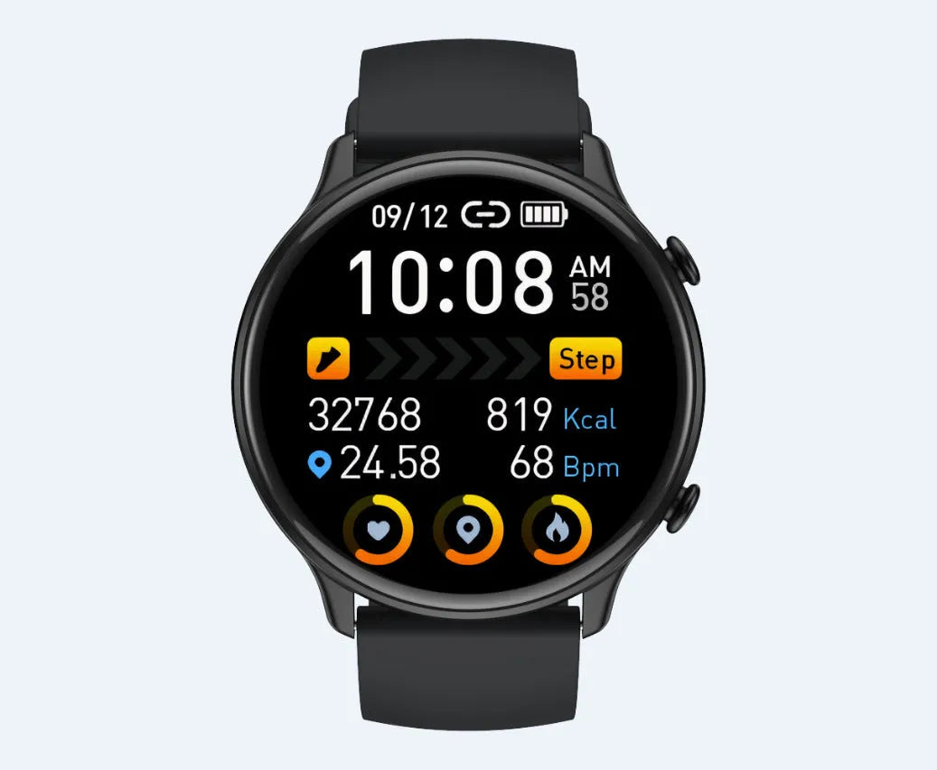 Smart sports watch with round full touch screen, silicone strap, heart rate and sleep monitoring, IP68 waterproof, in Black