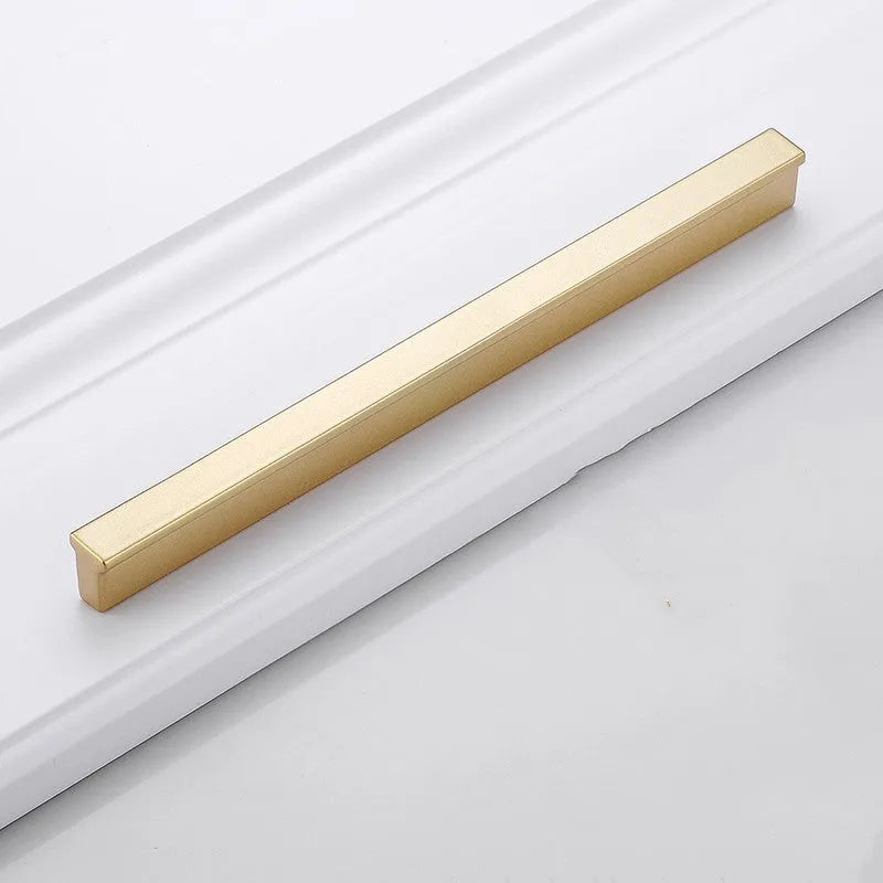 Gold T-shaped aluminium alloy cabinet handle showing three hole distance options