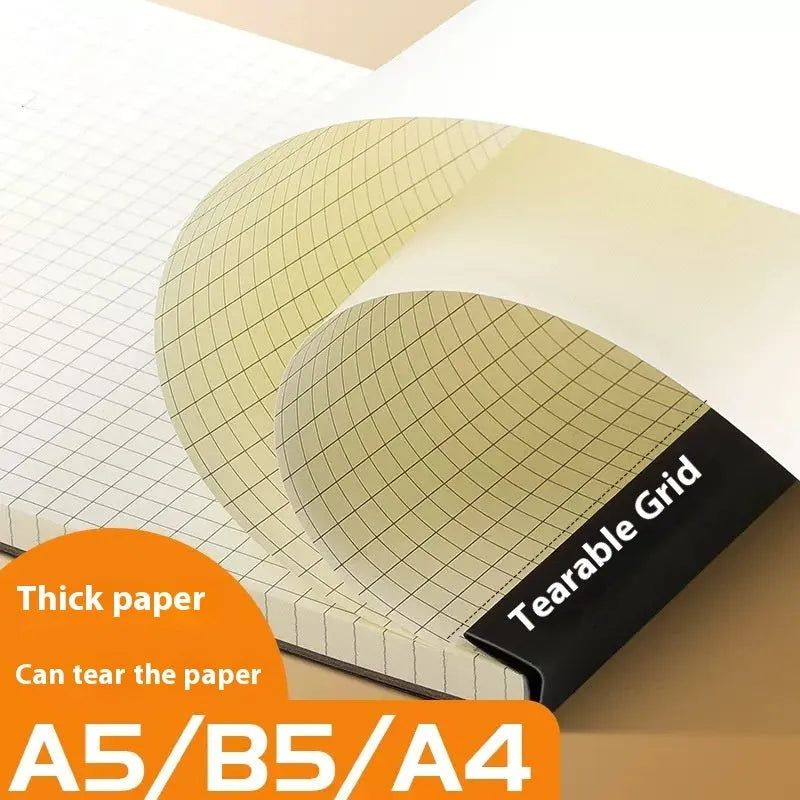 Tearable A5, B5 and A4 writing pads with 80 sheets, showing horizontal line, grid, and blank page options.