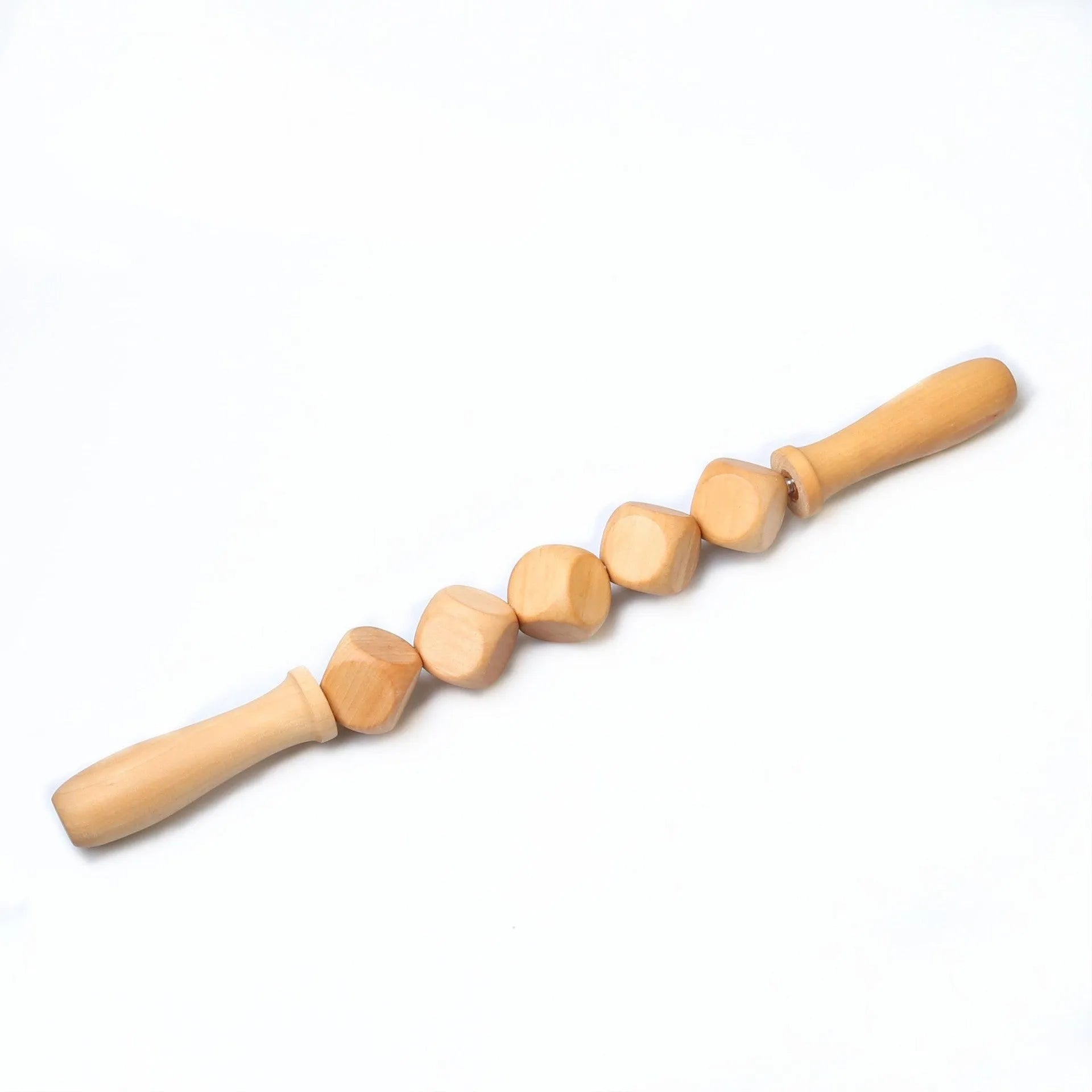 Set of three birch wood anti-cellulite massage hand rollers on a white background