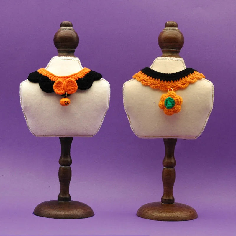 Hand crocheted wool pet collar in Bell Pumpkin colour on a cat, adjustable size for Halloween
