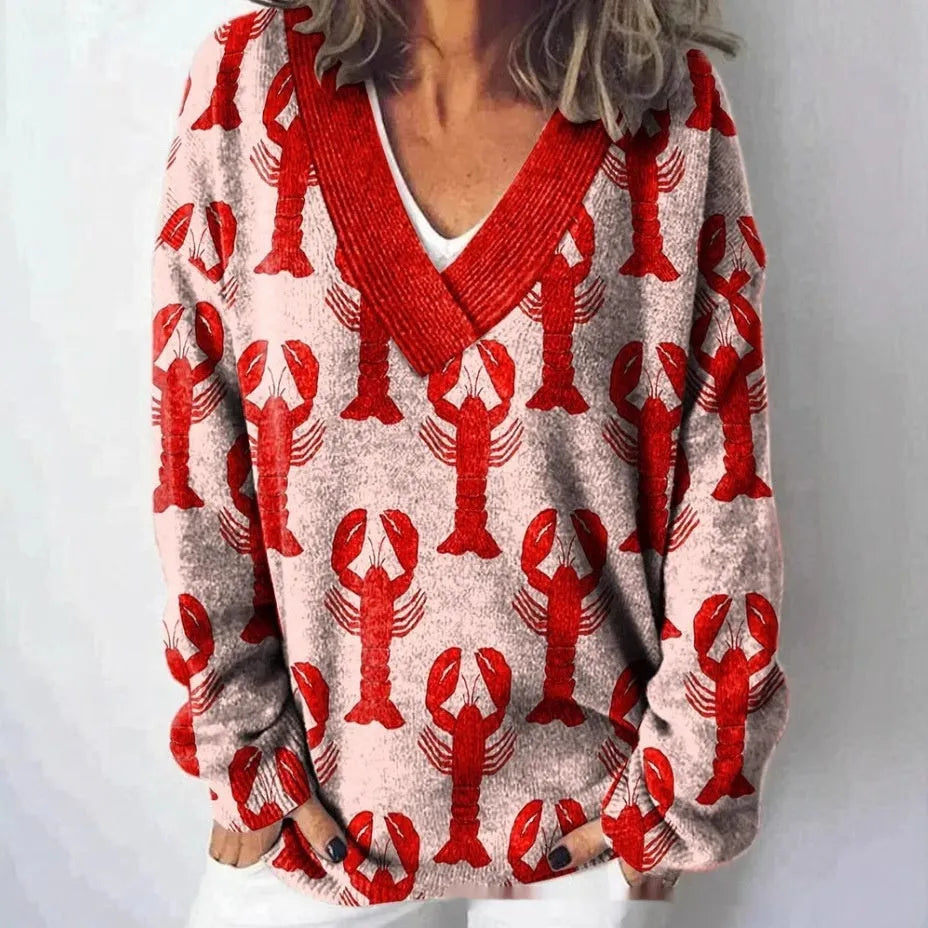 Women's V-neck long sleeve sweatshirt with a 3D floral print in an art retro style.