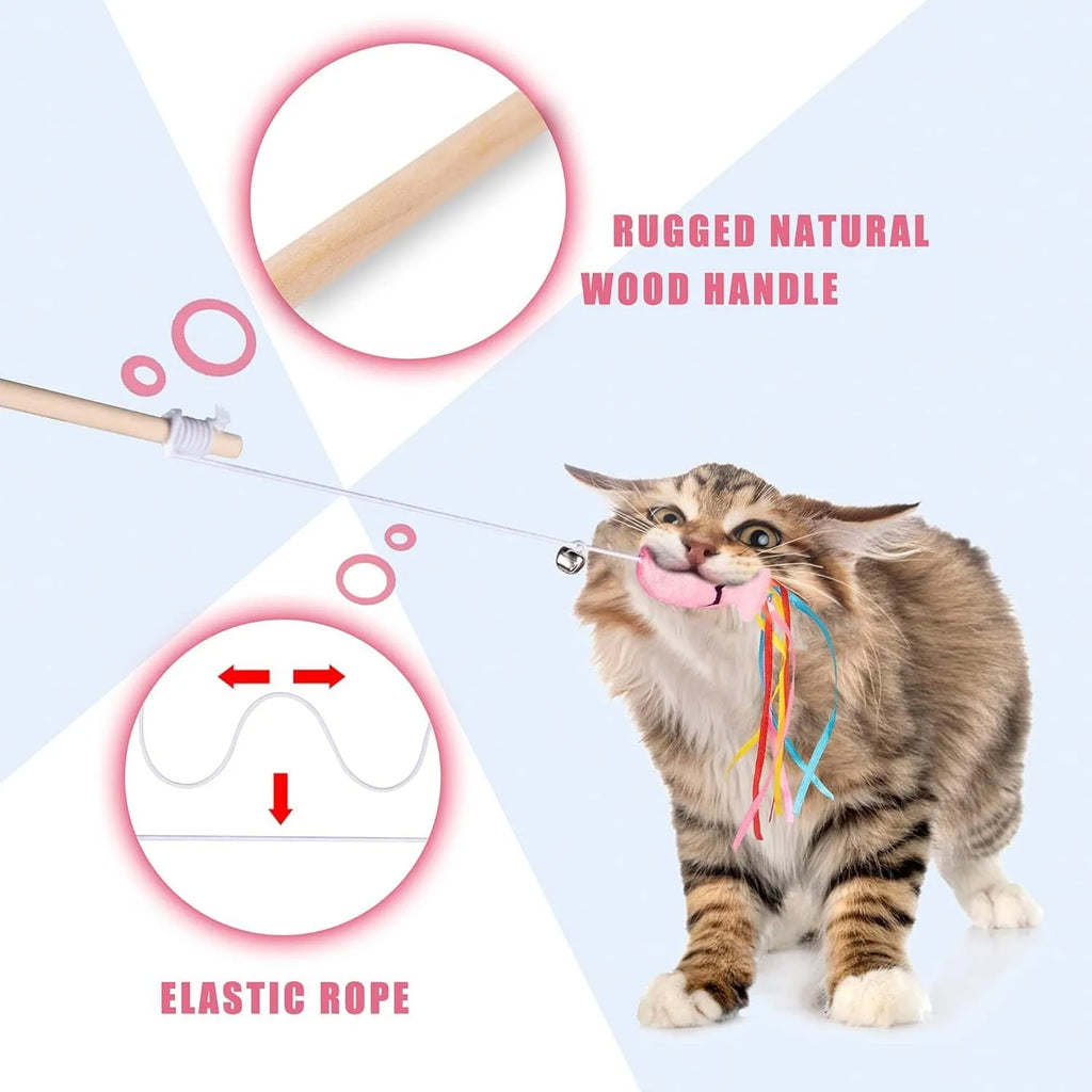 Cat wand toy with colourful ribbons, catnip fish, and bell on natural wooden handle
