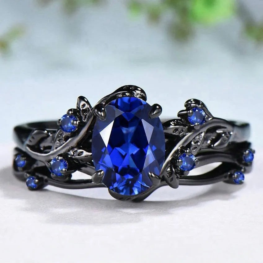 Gun black copper ring with navy blue rhinestone inlay for women geometric design