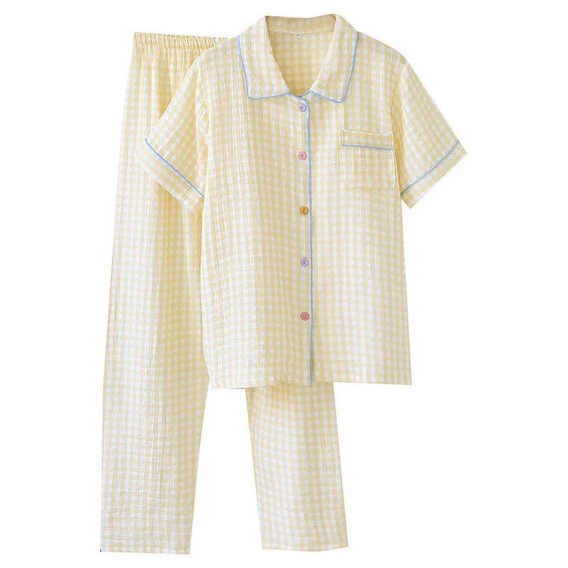 Women's washed cotton gauze short-sleeved top and loose trousers casual set in a summer colour
