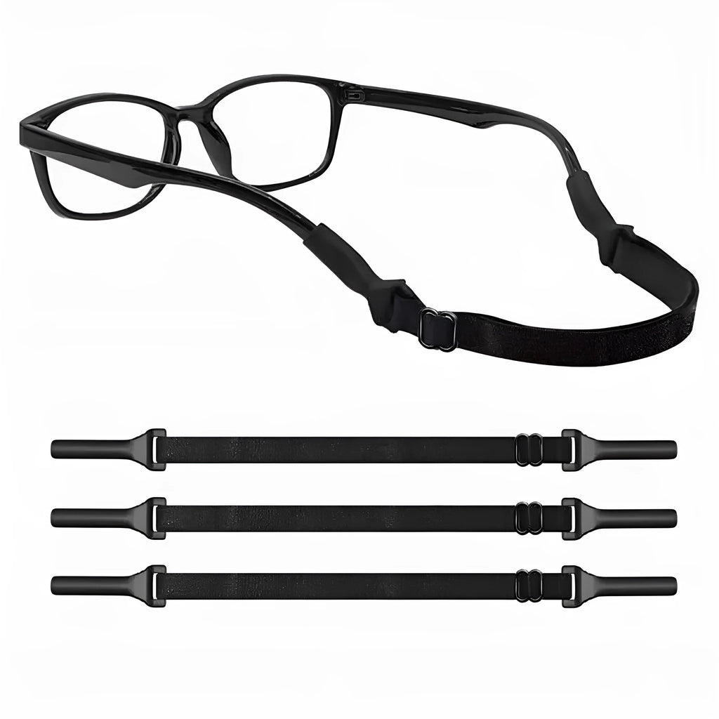Black adjustable glasses cord with silicone end pieces shown on a pair of spectacles.