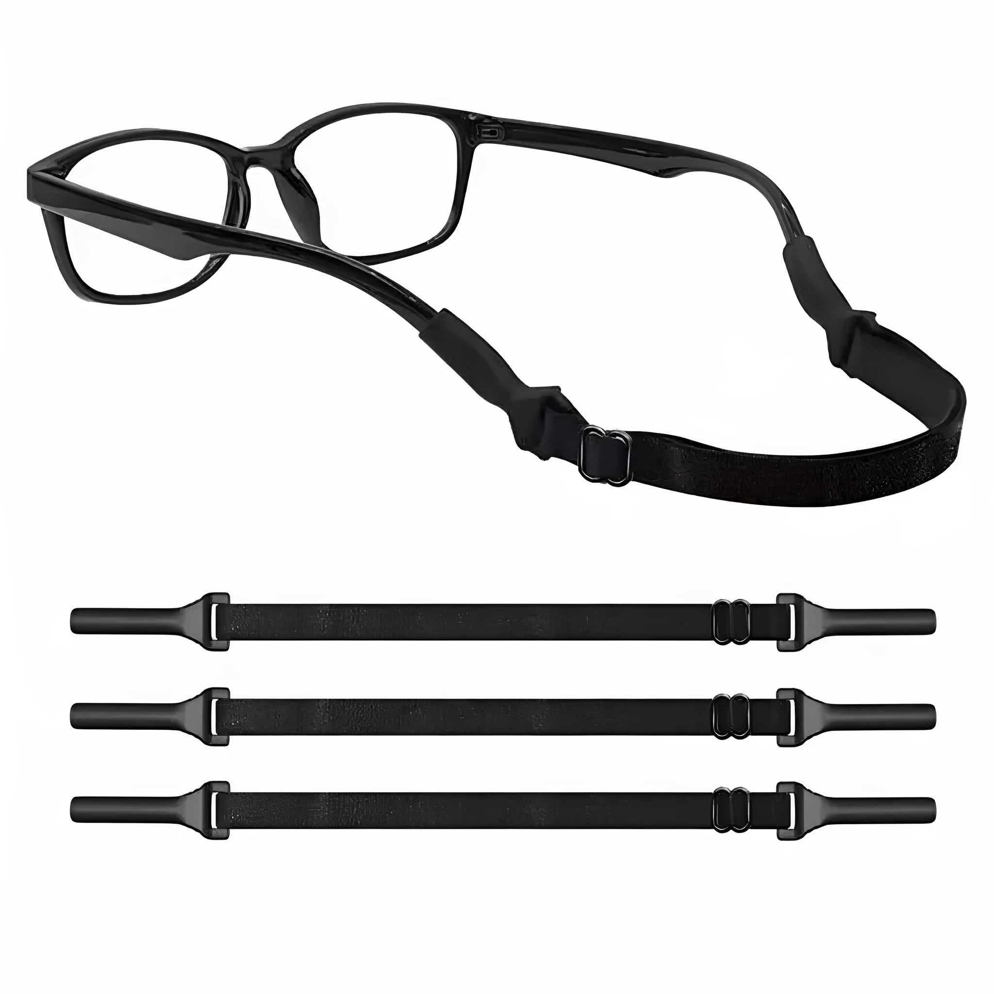 Black adjustable glasses cord with silicone end pieces shown on a pair of spectacles.