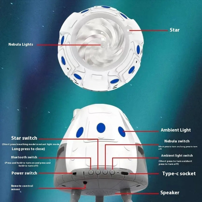 Creative USB space capsule starry atmosphere projection lamp in Space White with remote control on a bedside table
