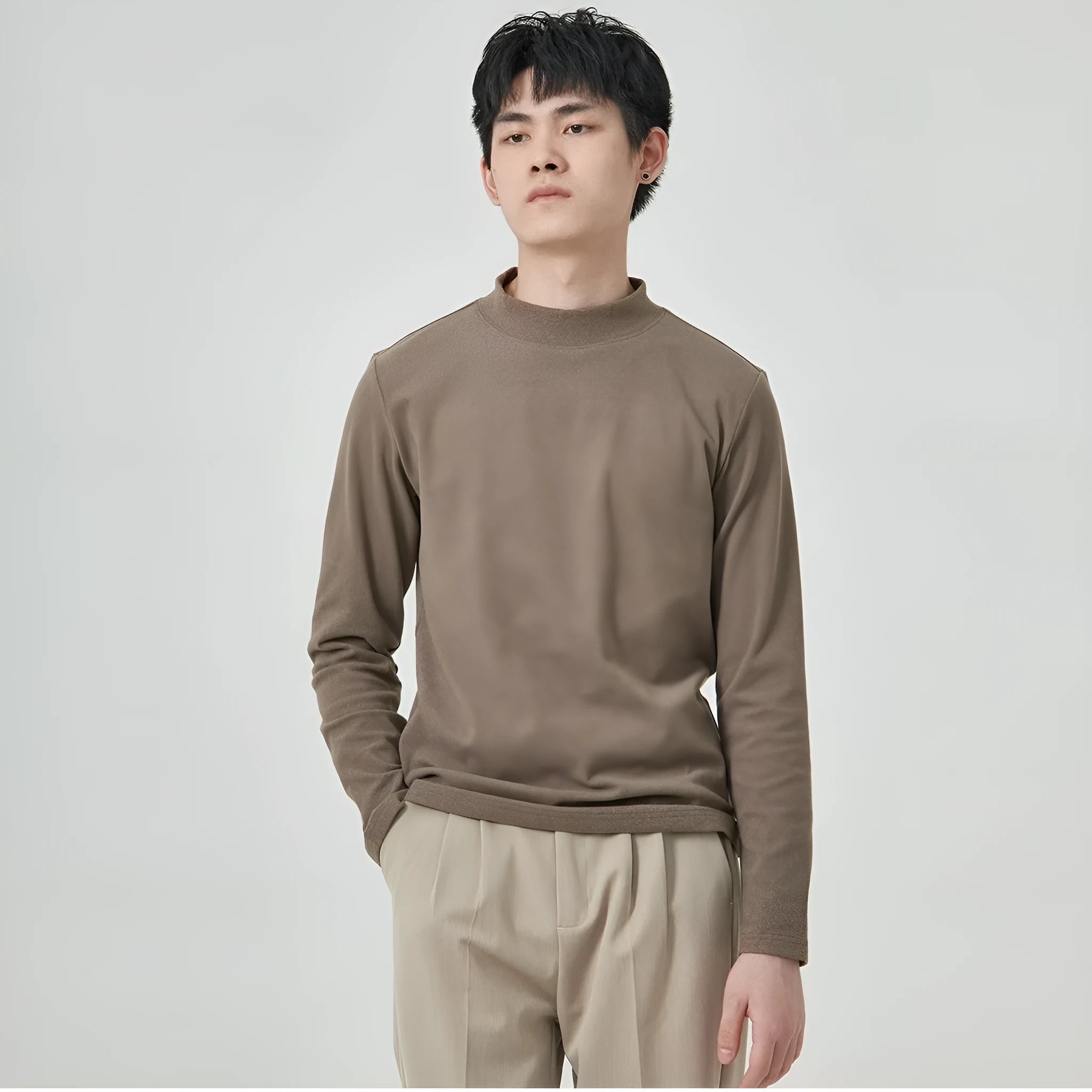 Men's Dralon half-high collar long sleeve T-shirt in solid colour, brown, black, white, milky white, gray options