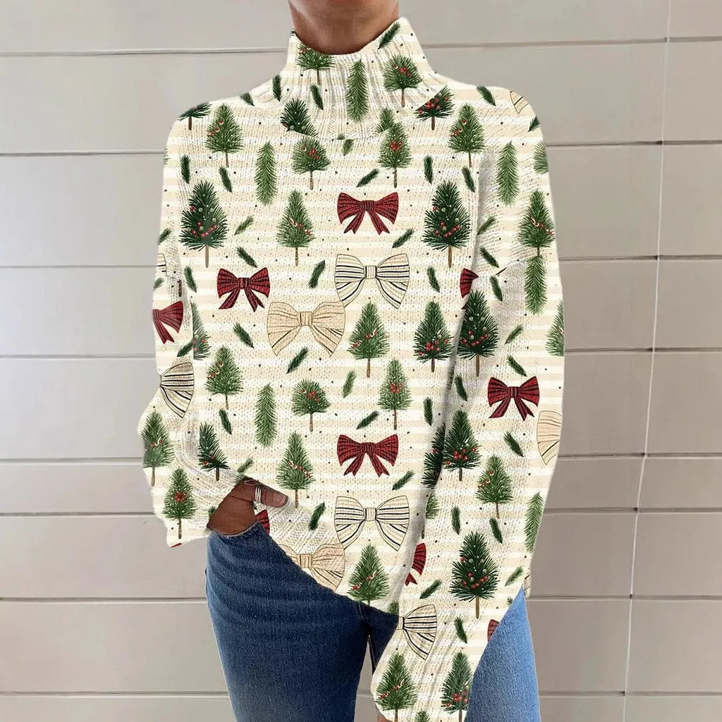 Women's loose fit Christmas printed turtleneck sweater in a macaron colour, showcasing the painting pattern and long sleeves.